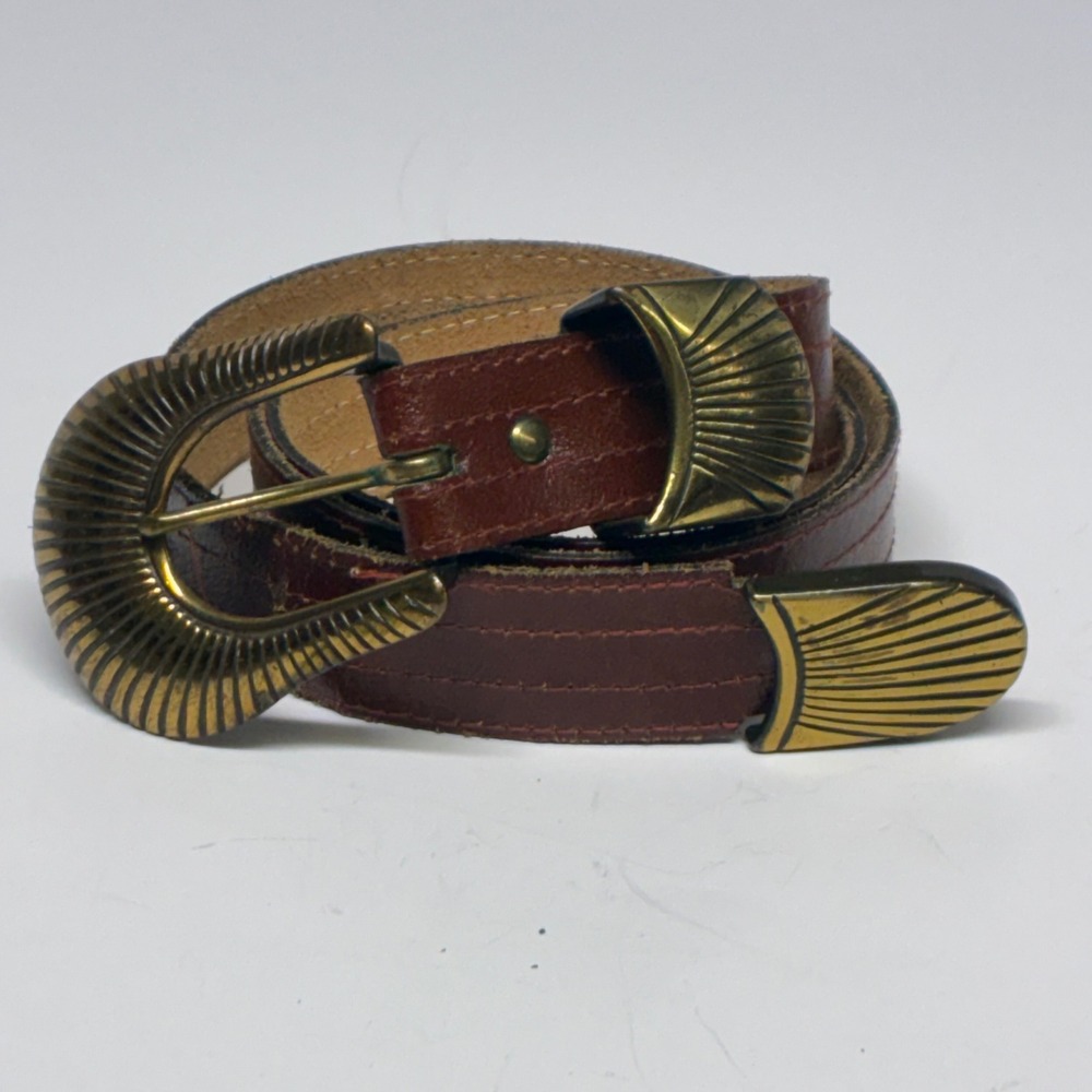 Vintage Cowboy Core Western Ranger Belt S M Brass Ribbed‎ 3pc Buckle Set USA